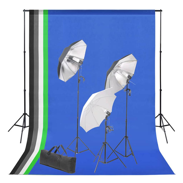fotostudiesæt med fotobaggrund og lamper