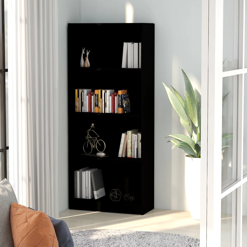bogreol med 4 hylder 60x24x142 cm konstrueret træ sort