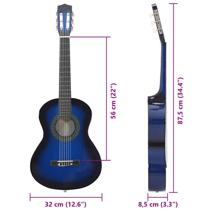 klassisk guitarsæt 8 dele for begyndere 1/2 34" blå