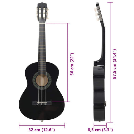klassisk guitarsæt 8 dele for begyndere 1/2 34" sort