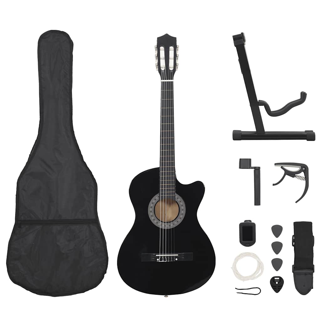 klassisk western guitarsæt 12 dele med 6 strenge 38" sort