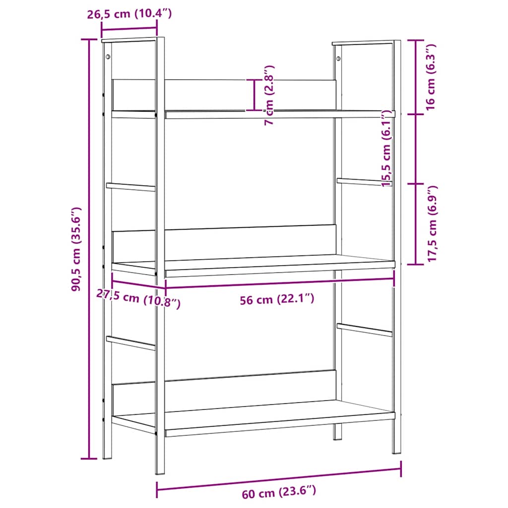 bogreol med 3 hylder 60x27,6x90,5 cm konstrueret træ hvid