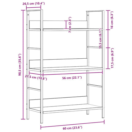bogreol 60x27,6x90,5 cm 3 hylder konstrueret træ egetræsfarve