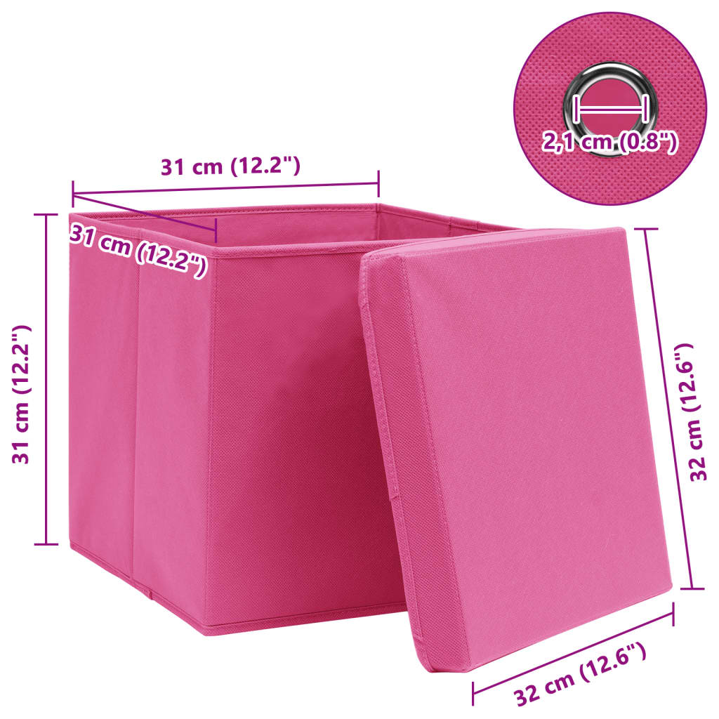 opbevaringskasser med låg 4 stk. 32x32x32 stof pink