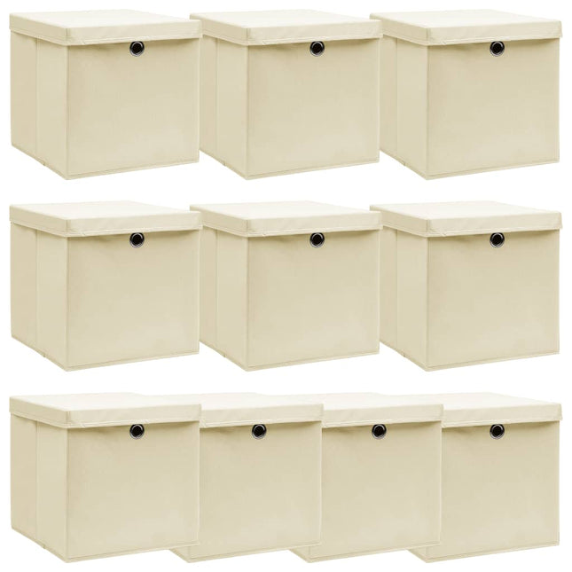 opbevaringskasser med låg 10 stk. 32x32x32 stof cremefarvet