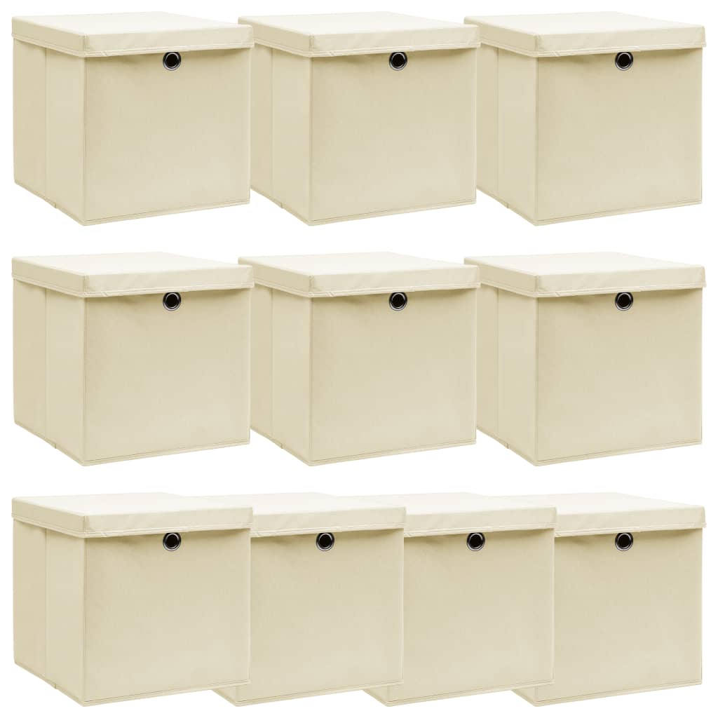 opbevaringskasser med låg 10 stk. 32x32x32 stof cremefarvet