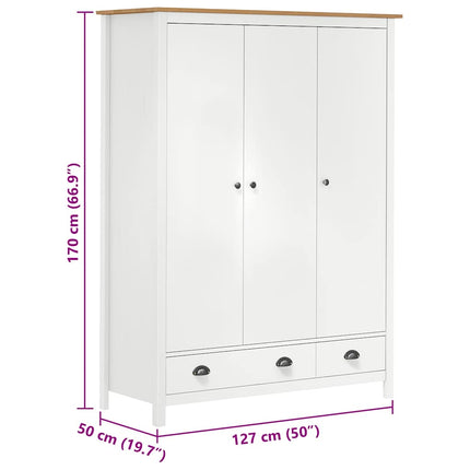 klædeskab med 3 låger Hill 127x50x170 cm massivt fyrretræ hvid