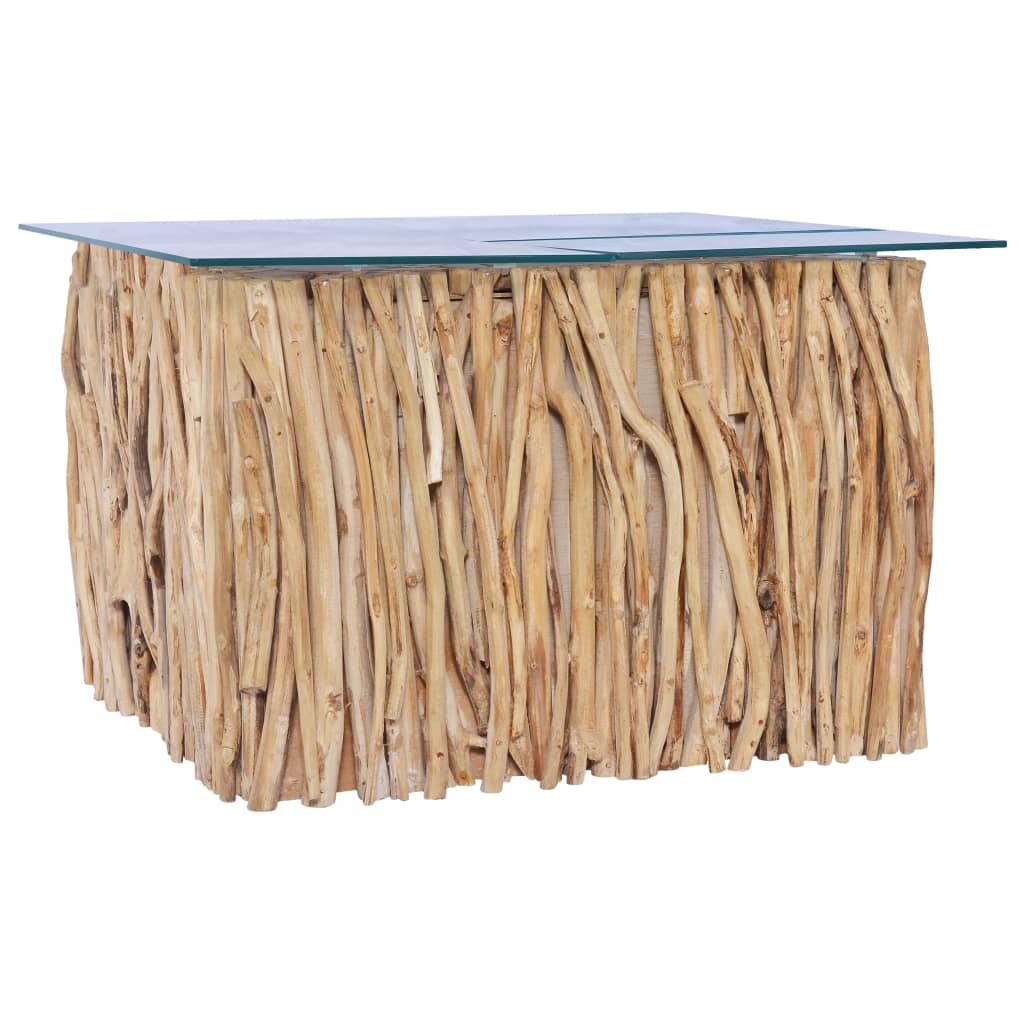 sofabord med glasplade 66x66x40 cm massivt teaktræ