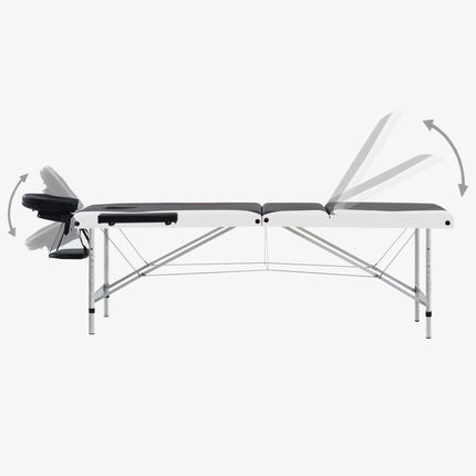 sammenfoldeligt massagebord aluminiumsstel 3 zoner sort og hvid
