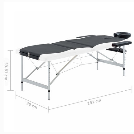 sammenfoldeligt massagebord aluminiumsstel 3 zoner sort og hvid