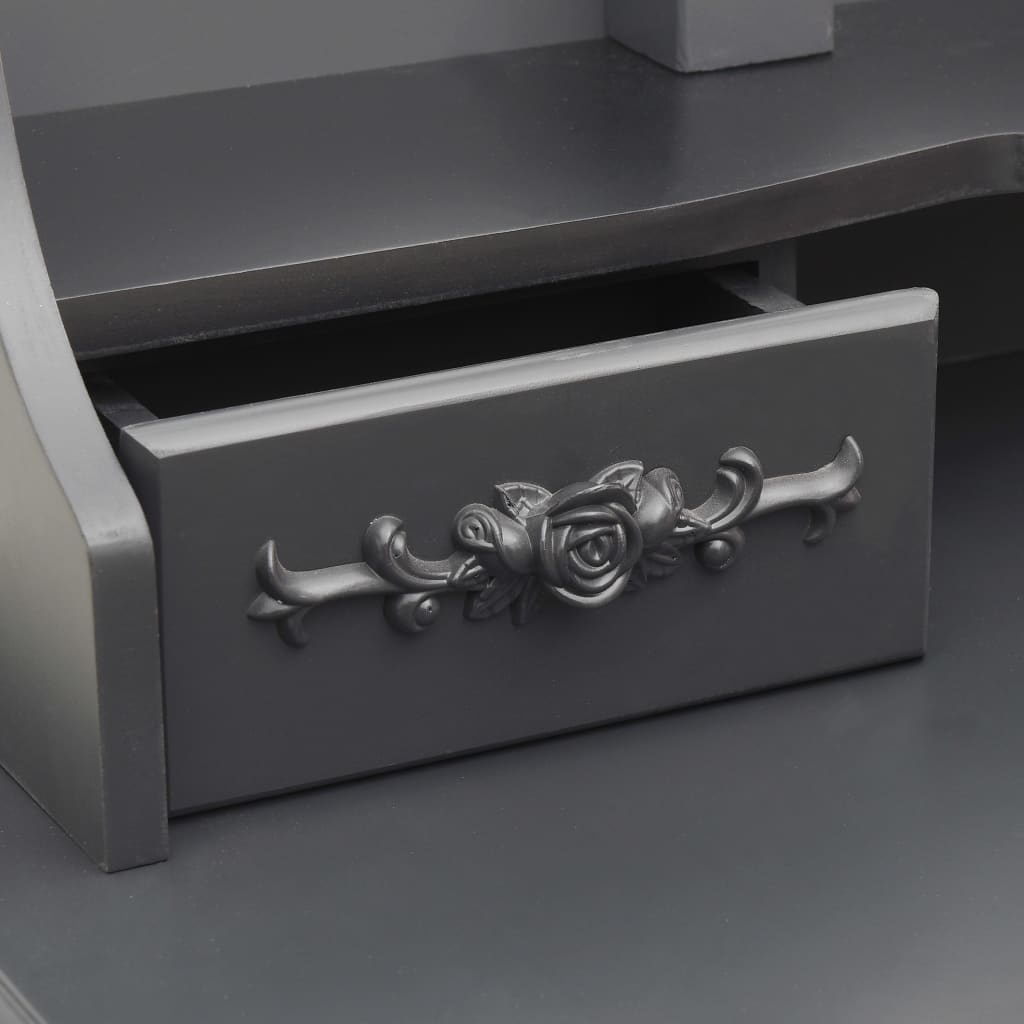 sminkebord med taburet og tredelt spejl grå