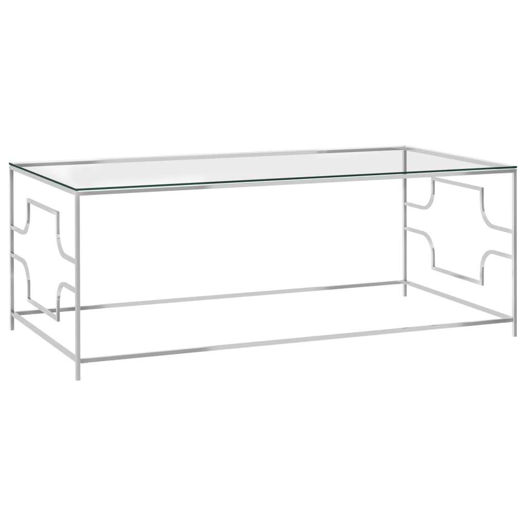 sofabord 120x60x45 cm rustfrit stål og glas sølvfarvet