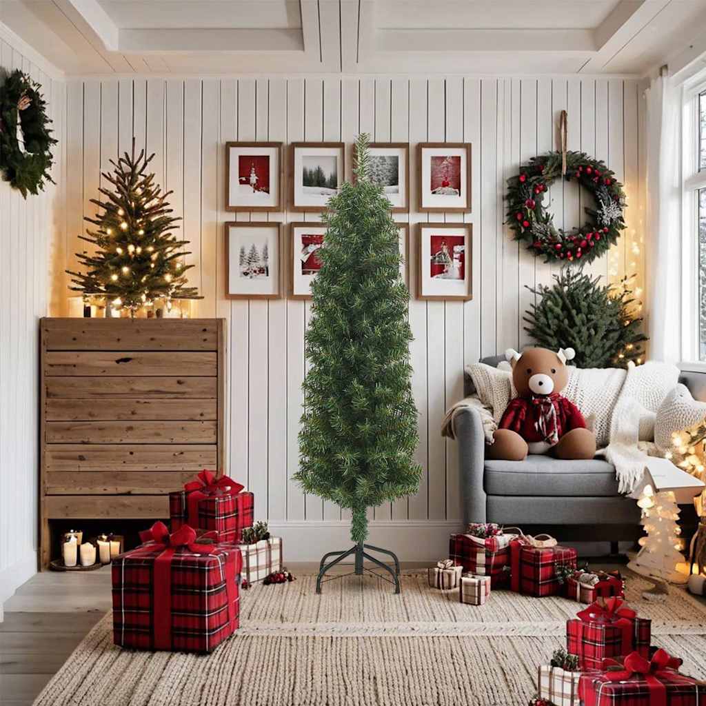 smalt kunstigt juletræ med juletræsfod 180 cm PVC grøn