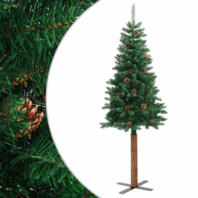 smalt juletræ med ægte træ og grankogler 150 cm PVC grøn