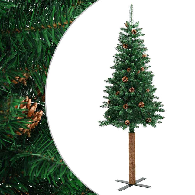 smalt juletræ med ægte træ og grankogler 210 cm PVC grøn