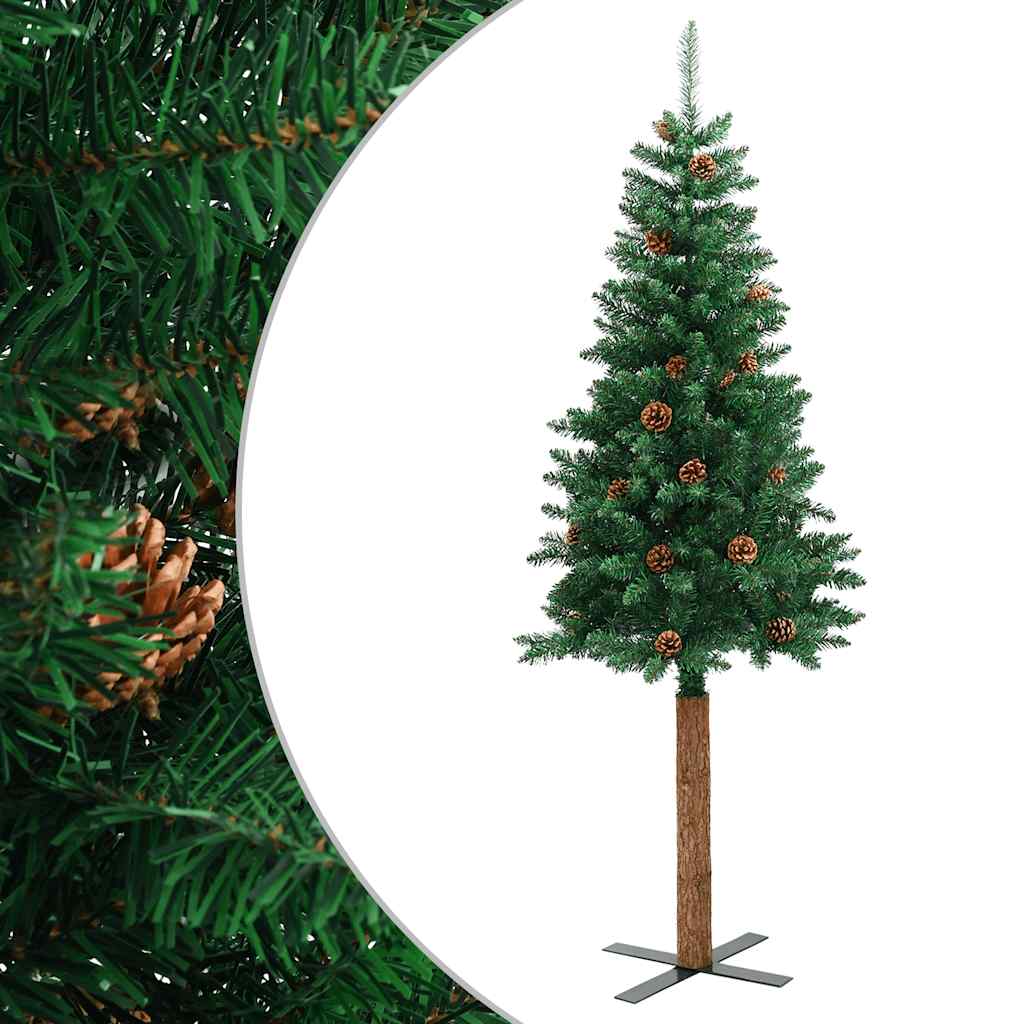 smalt juletræ med ægte træ og grankogler 210 cm PVC grøn