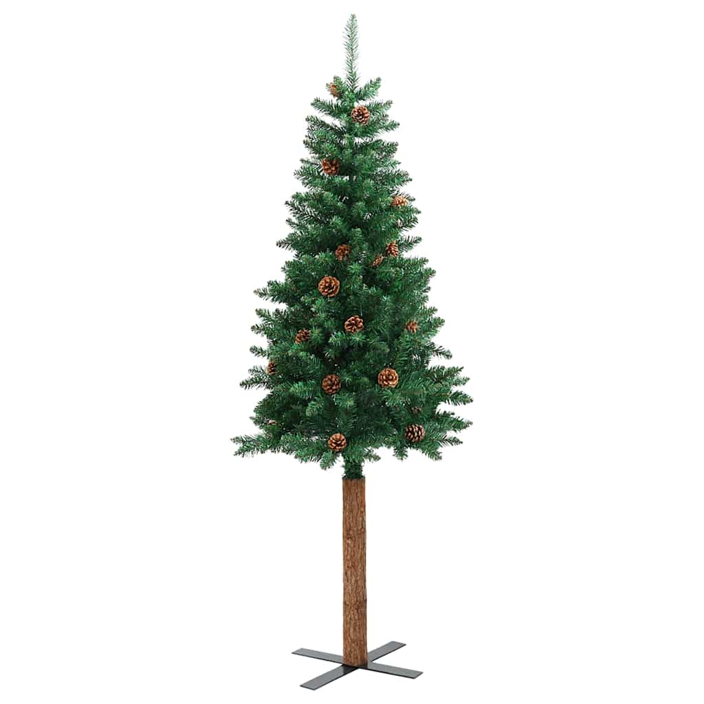 smalt juletræ med ægte træ og grankogler 210 cm PVC grøn