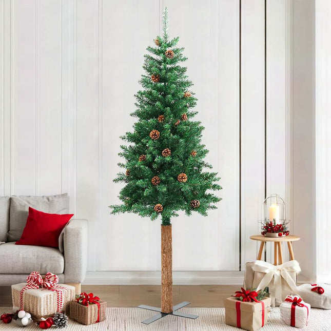 smalt juletræ med ægte træ og grankogler 210 cm PVC grøn