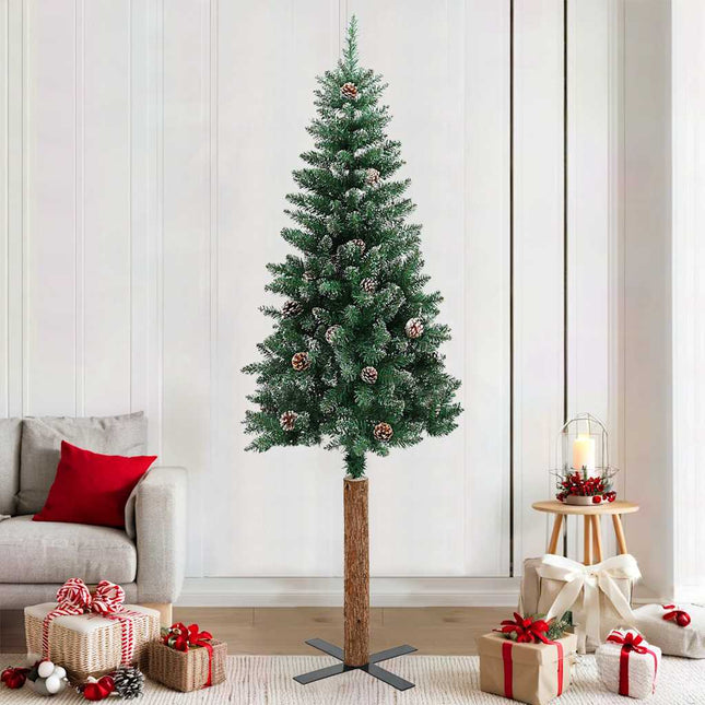 smalt juletræ med ægte træ og hvid sne 210 cm PVC grøn