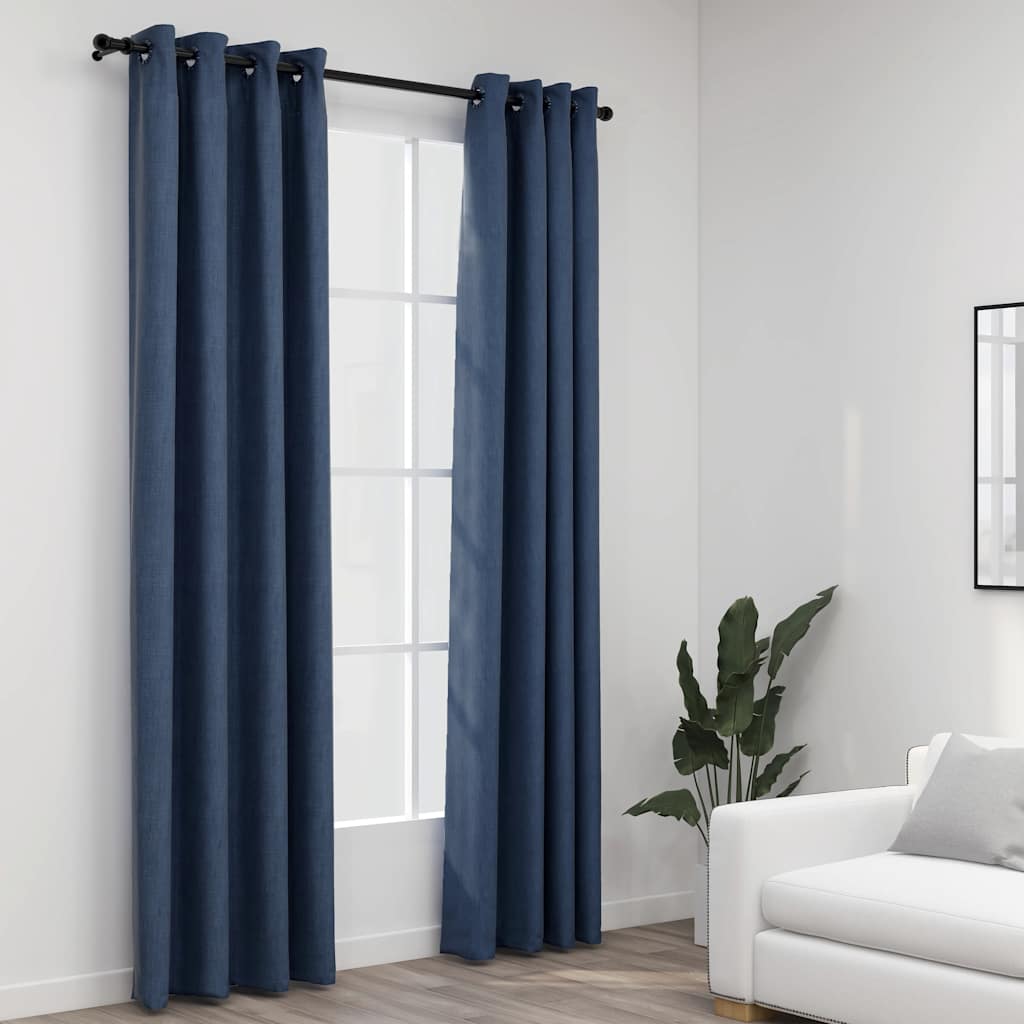 mørklægningsgardiner med øjer 2 stk. hør-look 140x245 cm blå