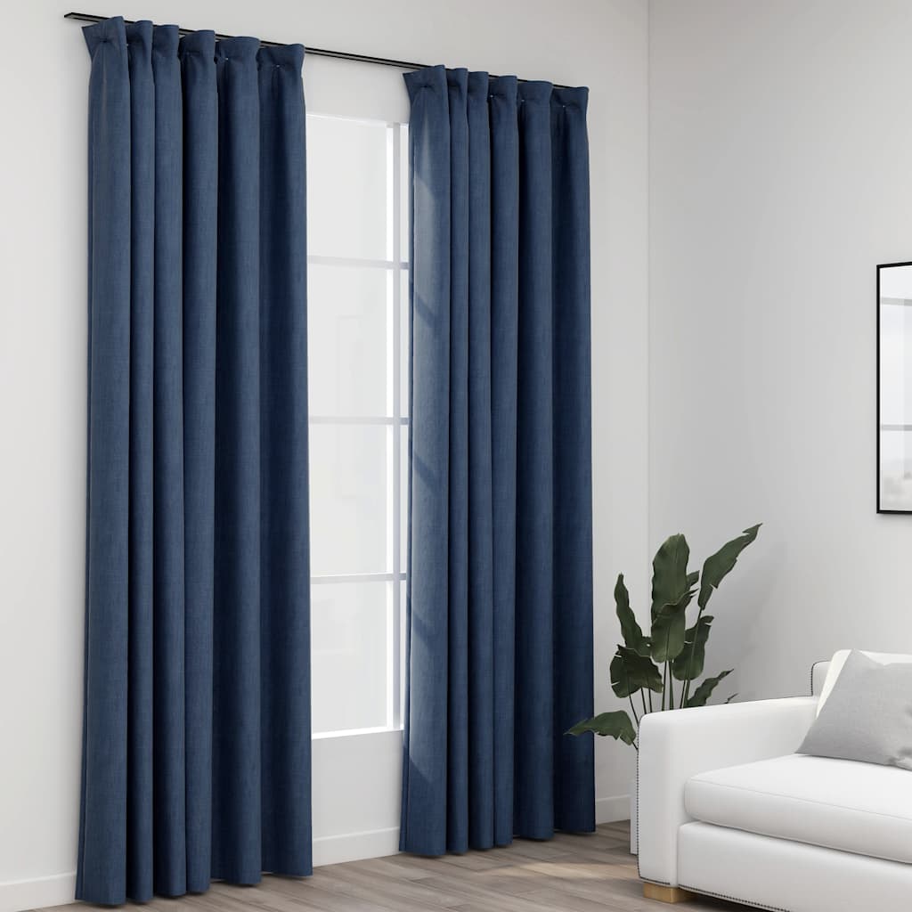 mørklægningsgardiner med kroge 2 stk. hør-look 140x225 cm blå