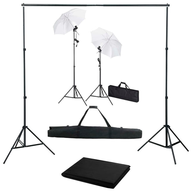 fotostudieudstyr med baggrund, lamper og paraplyer