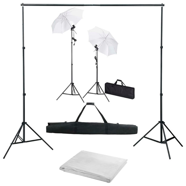 fotostudiesæt med baggrund, lamper og paraplyer