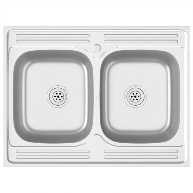 køkkenvask med 2 bassiner 800x600x155 mm rustfrit stål sølv