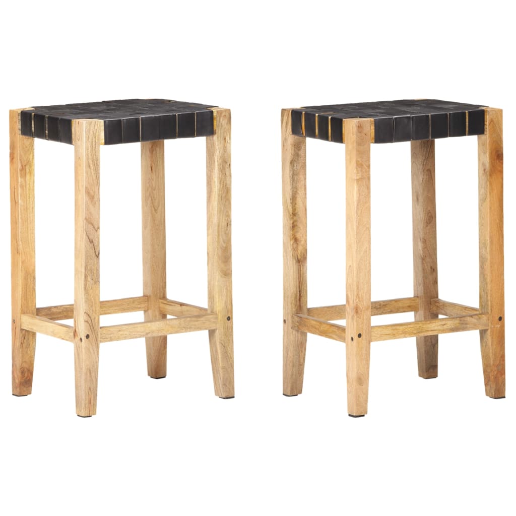 Barstole i ægte læder og mangotræ - 2 stk., 75 cm, sort