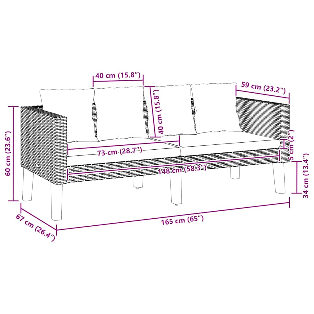 2-personers havesofa med hynder polyrattan sort