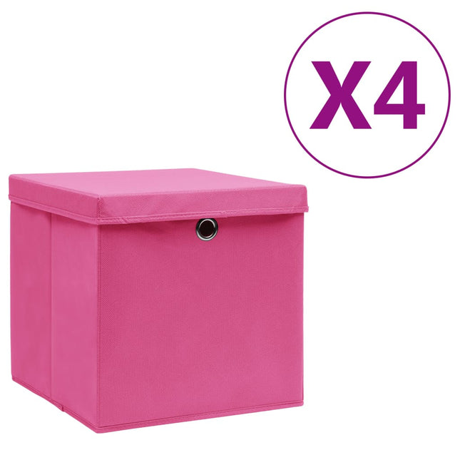 opbevaringskasser med låg 4 stk. 28x28x28 cm pink