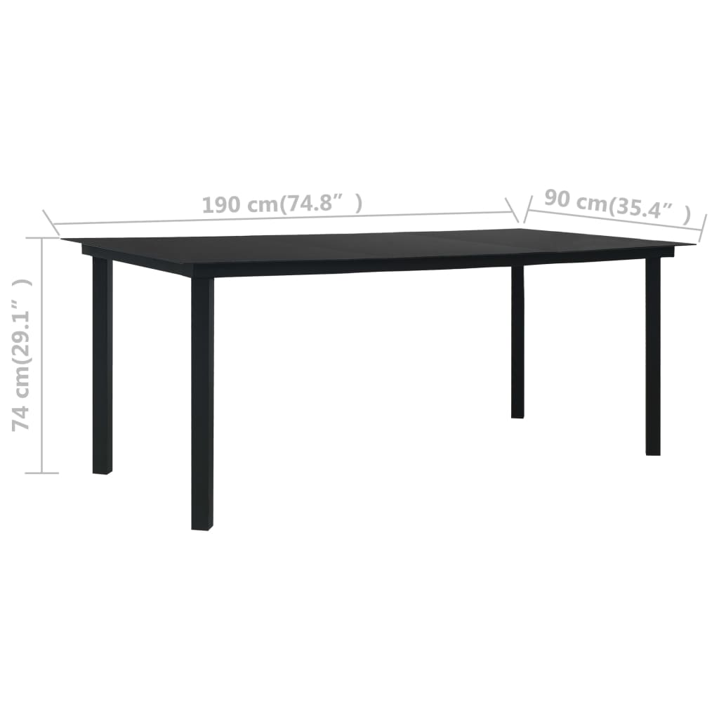 havebord 190x90x74 cm stål og glas sort