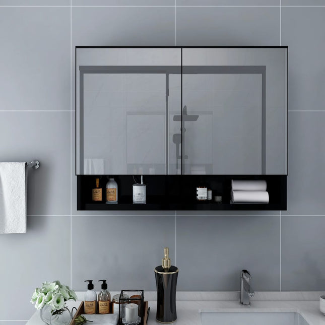 badeværelsesskab med spejl + LED 80x15x60 cm MDF sort