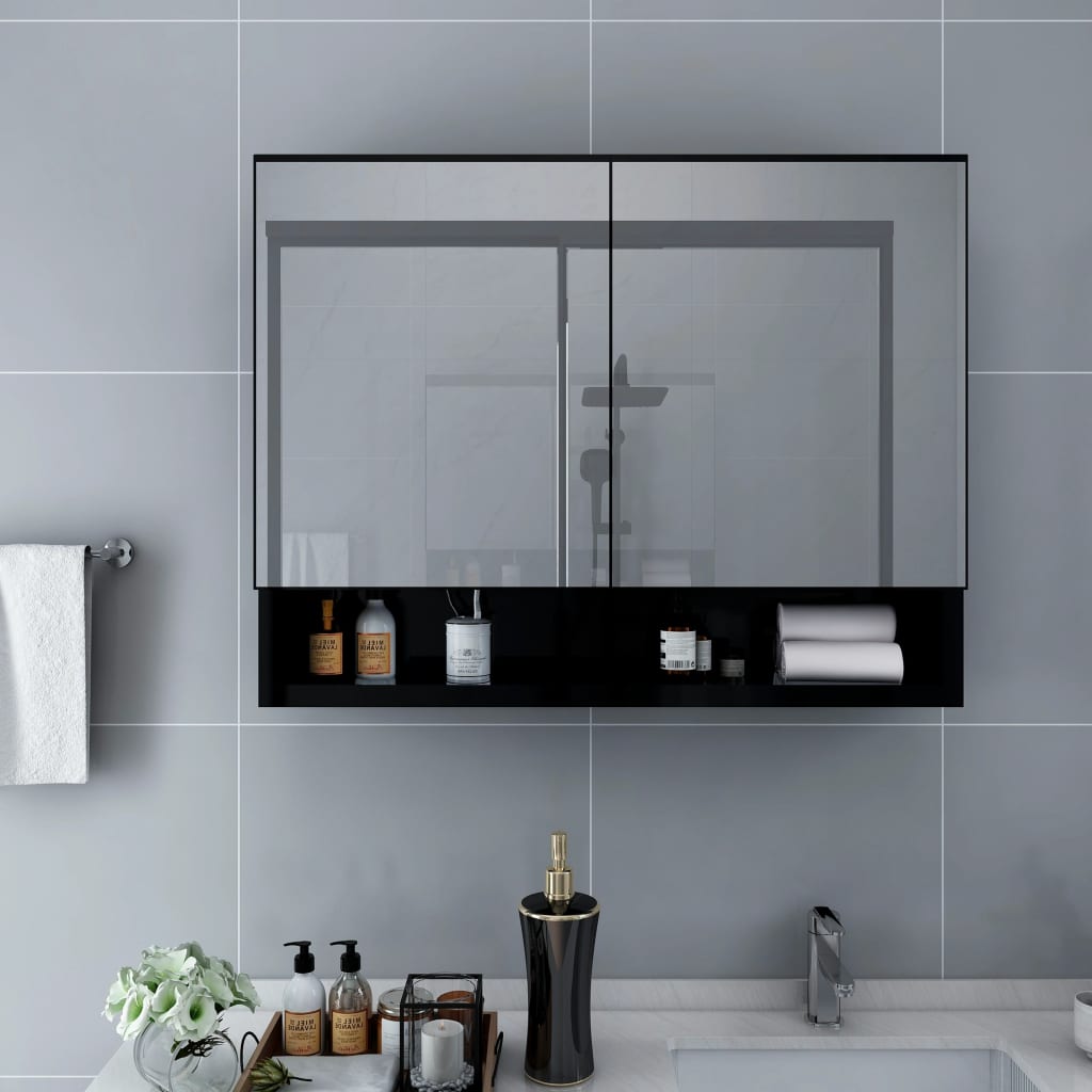 Badeværelsesskab med spejl og LED - 80 × 15 × 60 cm, sort MDF