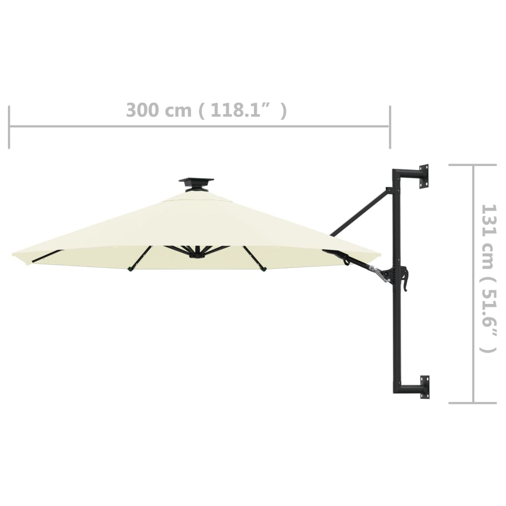 væghængt parasol m. LED-lys 300 cm sandfarvet