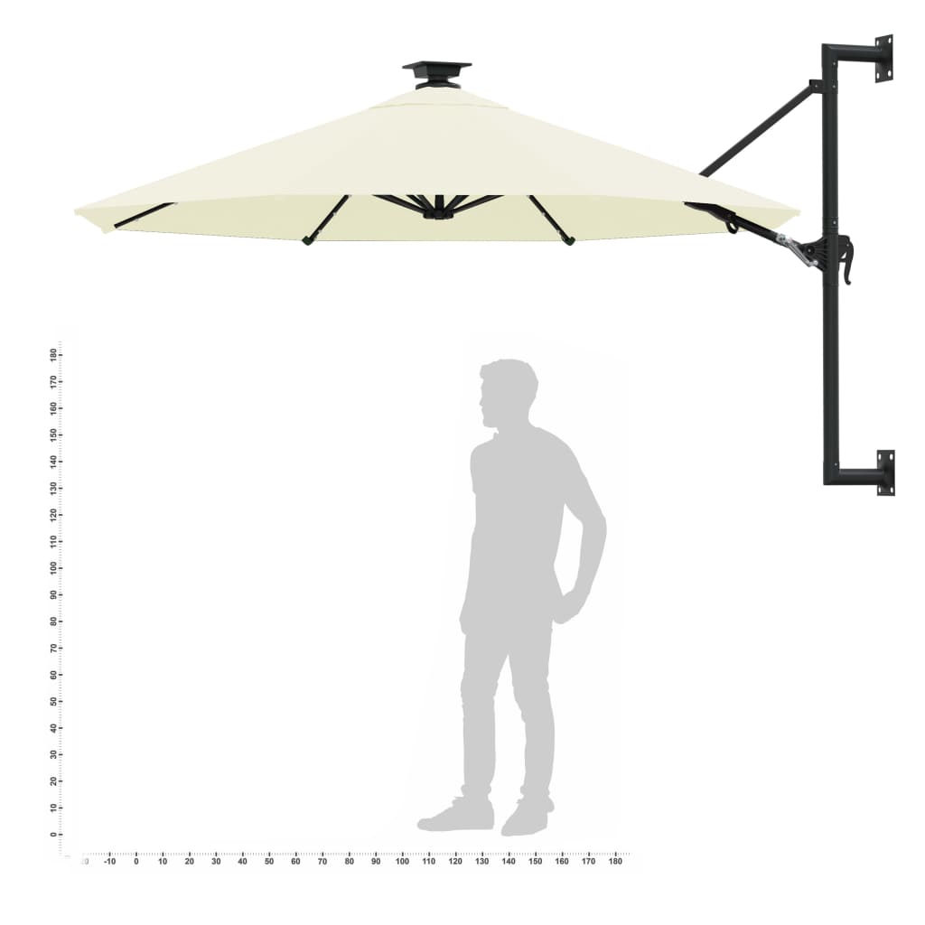 væghængt parasol m. LED-lys 300 cm sandfarvet