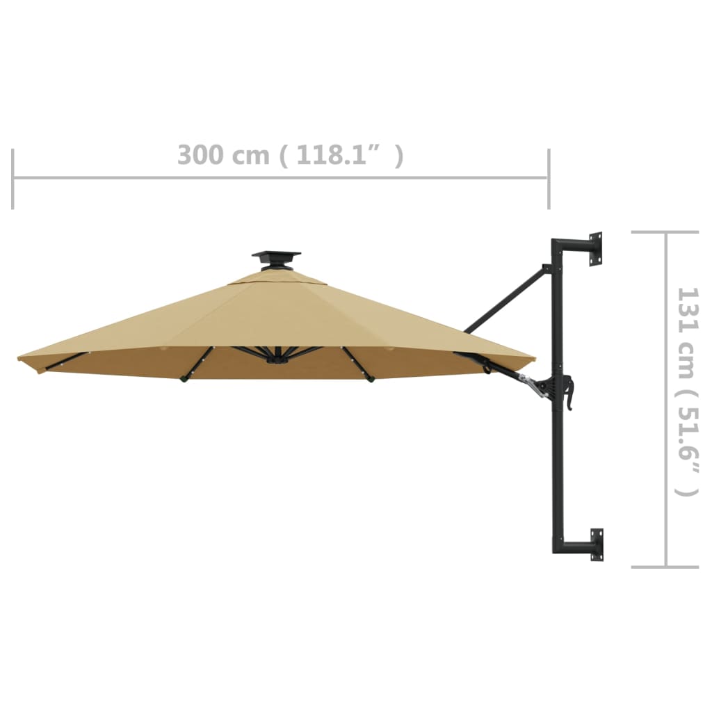 væghængt parasol m. LED-lys 300 cm gråbrun