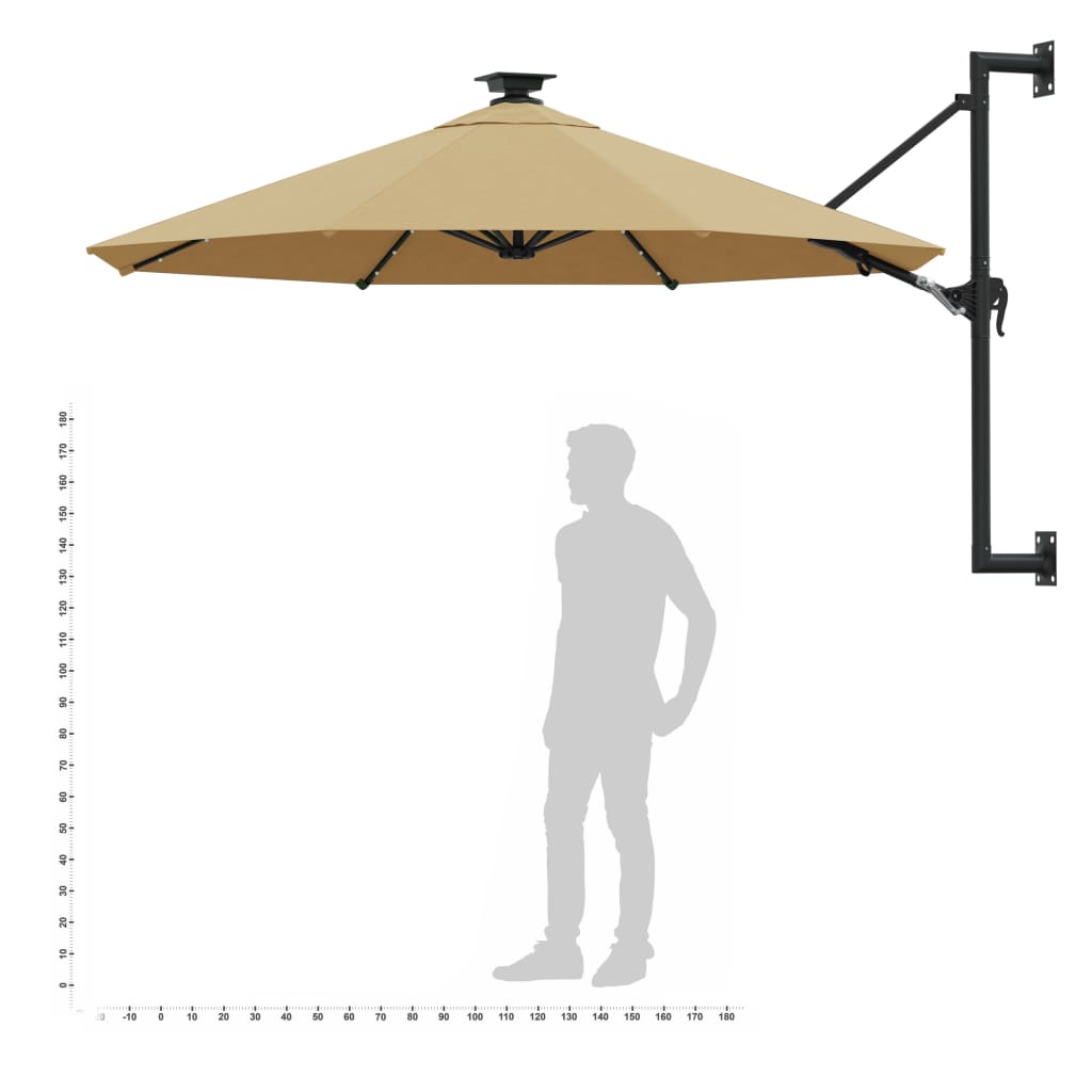 væghængt parasol m. LED-lys 300 cm gråbrun