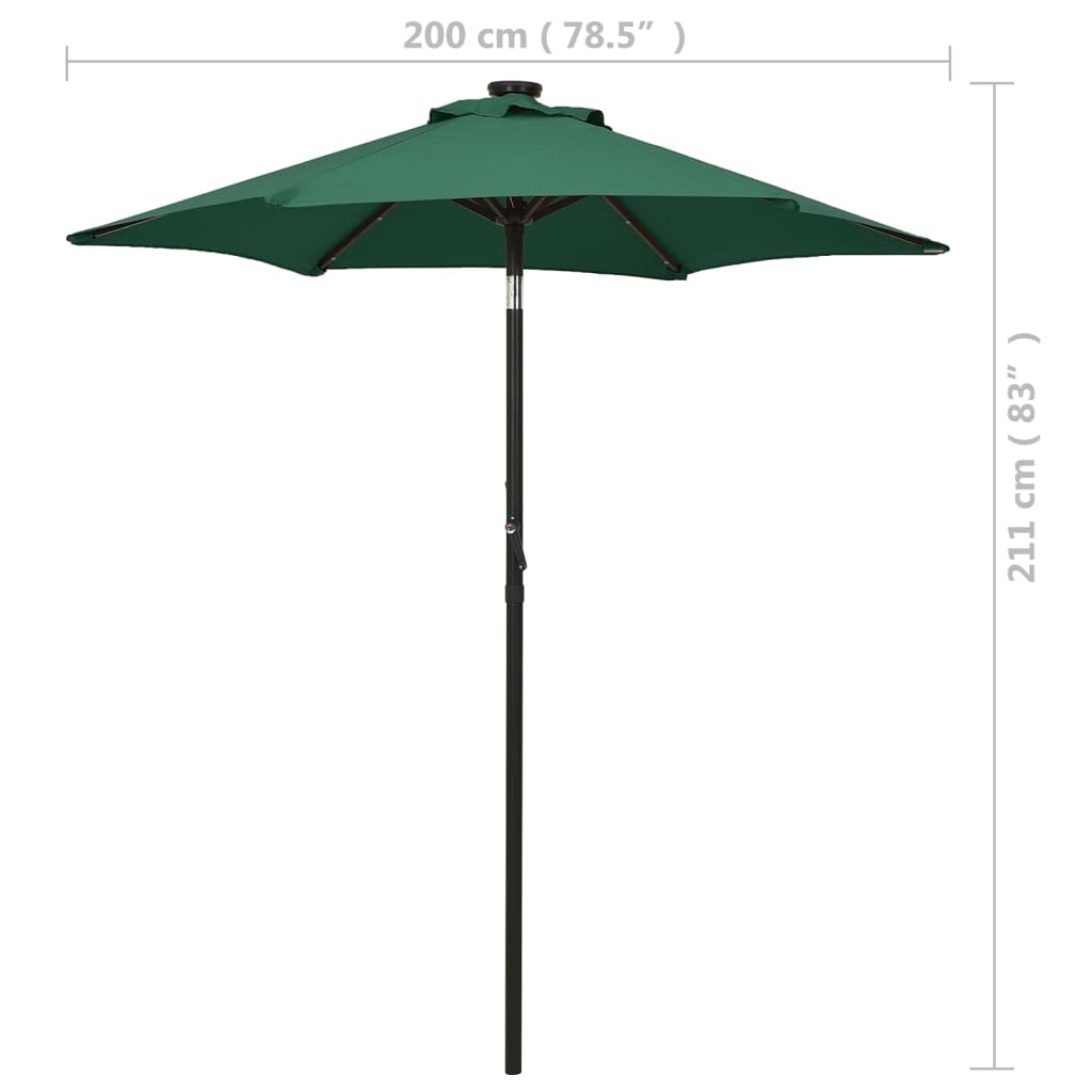 parasol med LED-lys 200x211 cm aluminium grøn