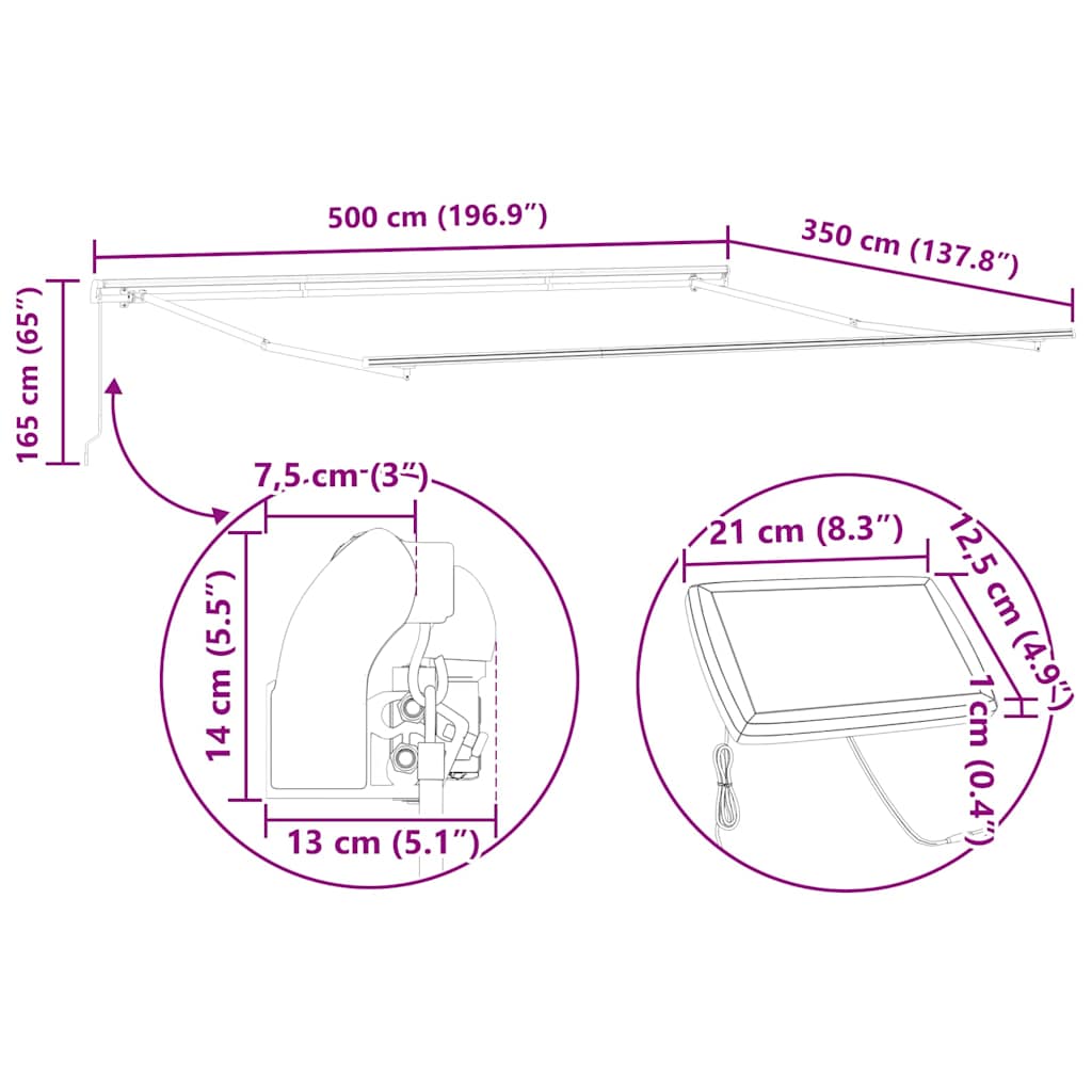 Markiseramme med LED -strimmellys Hvid 500 × 350 cm Aluminium