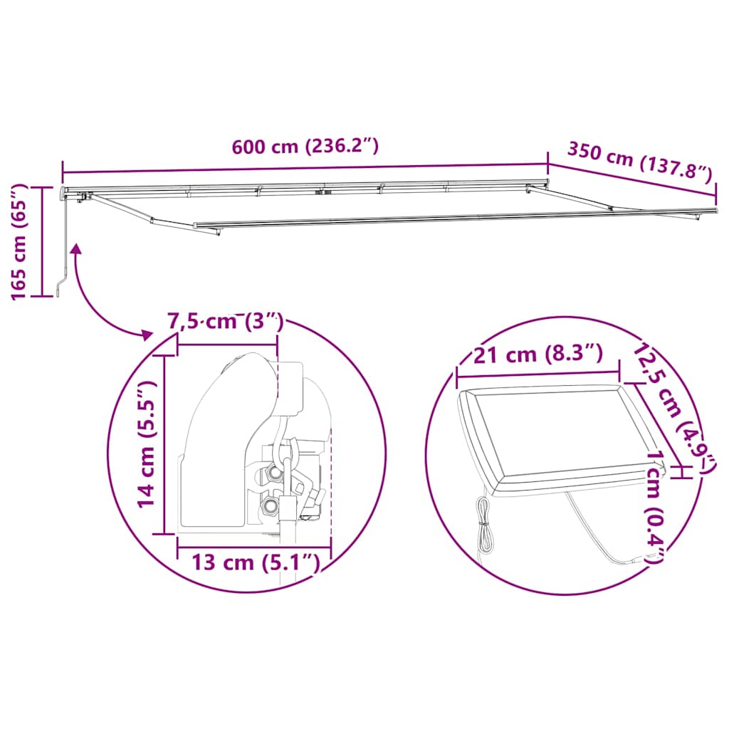 Markiseramme med LED -strimmellys Hvid 600 × 350 cm Aluminium