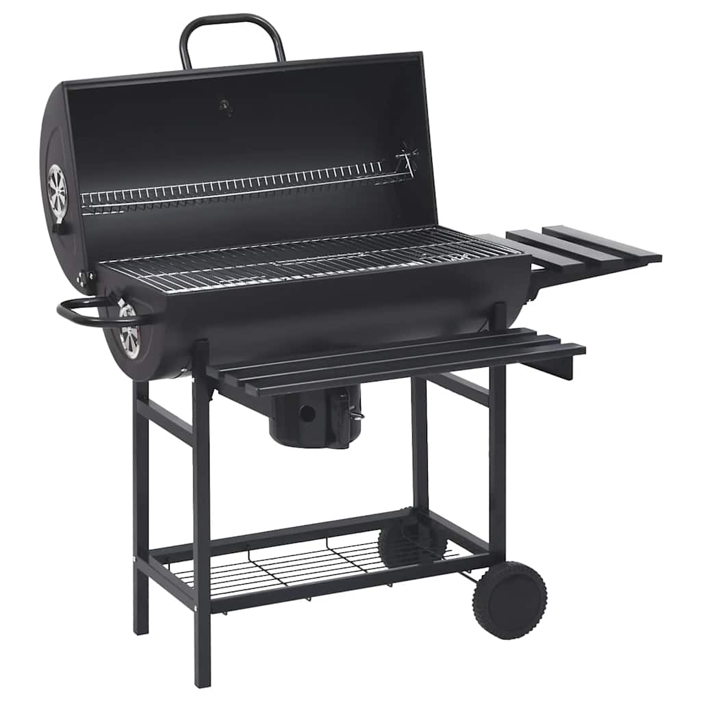 tøndegrill med hjul og hylder 115x85x95 cm stål sort
