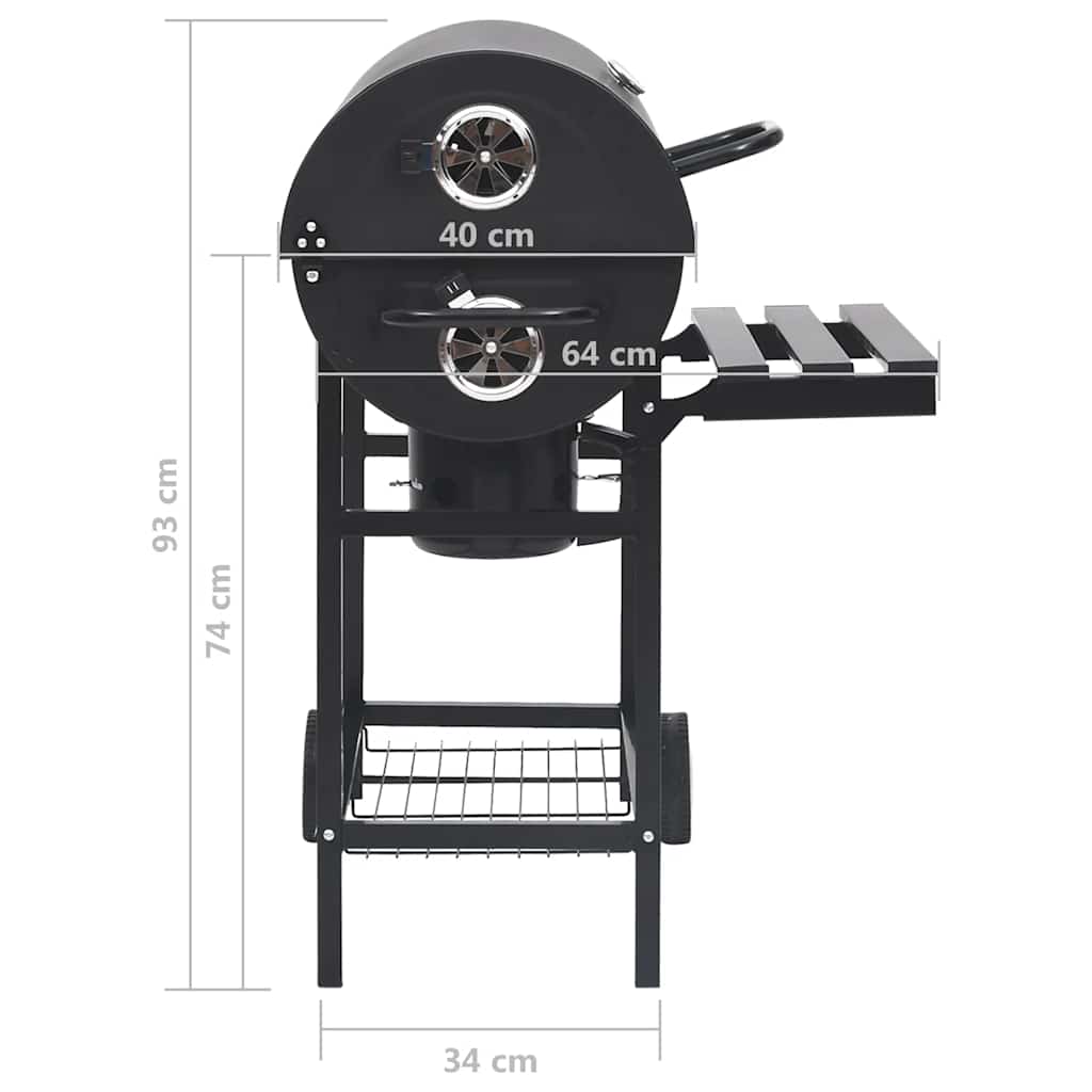 tøndegrill med hjul og hylder 115x85x95 cm stål sort