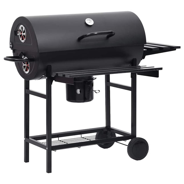 tøndegrill med hjul og hylder 115x85x95 cm stål sort