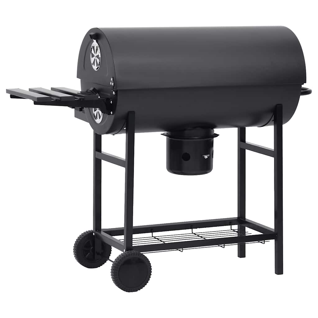 tøndegrill med hjul og hylder 115x85x95 cm stål sort