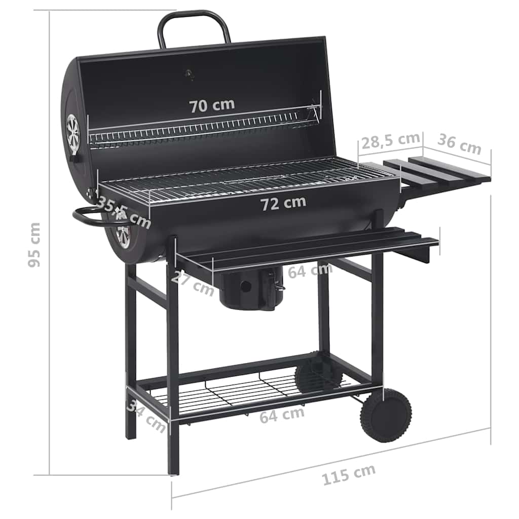 tøndegrill med hjul og hylder 115x85x95 cm stål sort