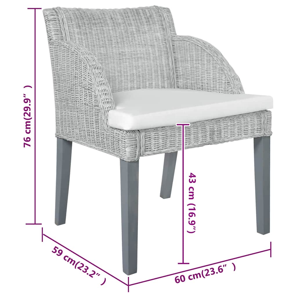 spisebordsstole 2 stk. med hynder naturlig rattan grå