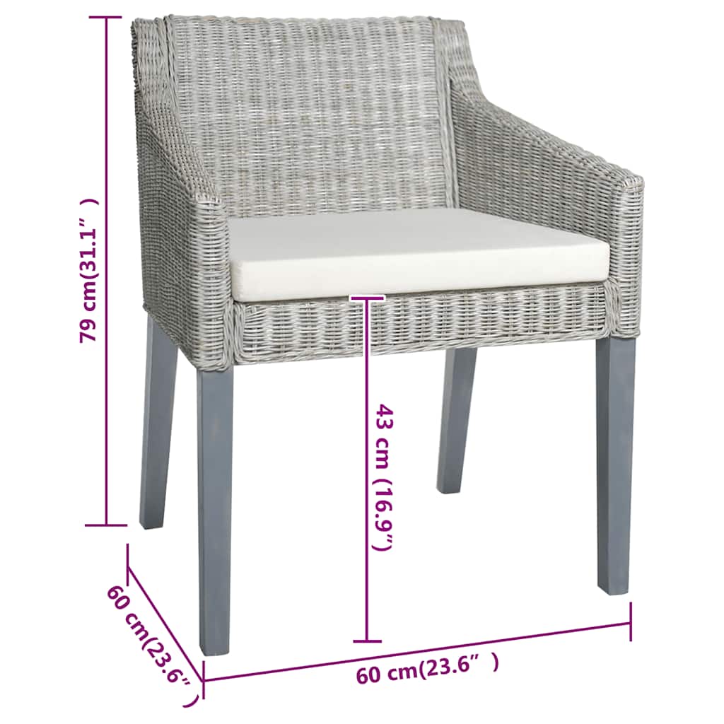 spisebordsstole 2 stk. med hynder naturlig rattan grå