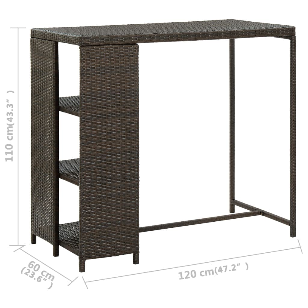 barbord med opbevaringsstativ 120x60x110 cm polyrattan brun