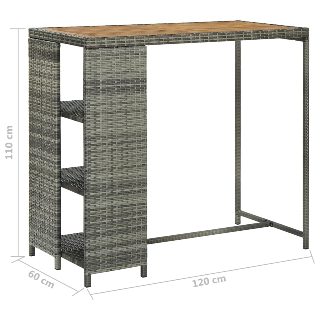 barbord med opbevaringsstativ 120x60x110 cm polyrattan grå